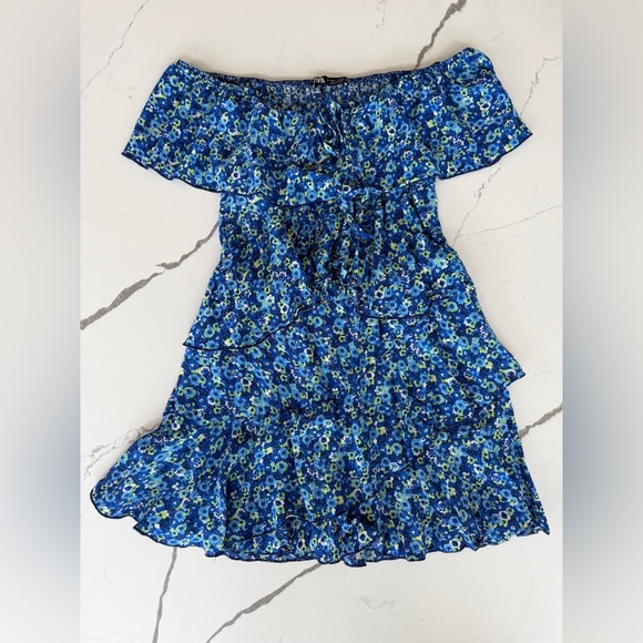 Zara Blue Floral Off Shoulder Ruffle Dress Romper Size L - Picture 2 of 10